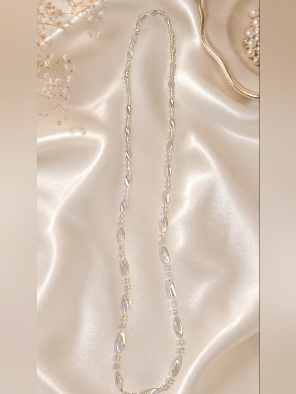 Vintage Iridescent Pearlescent‎ Beaded Long Necklace - Cream Mother of Pearl